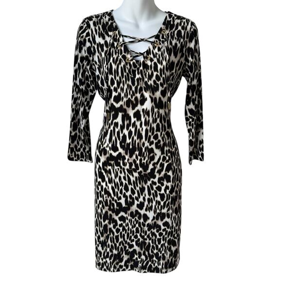 Calvin Klein Leopard Sheath Dress Sz 6 Sheer Lace Mob Wife Italian Glam Animal - Picture 1 of 16